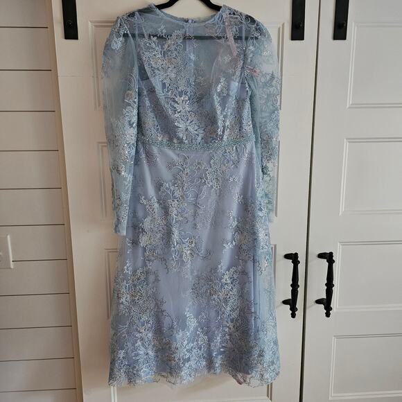 Mac Duggal 68020 Blue Embellished Lace Long Sleeve Beaded Midi Dress Size 12 - Picture 2 of 9
